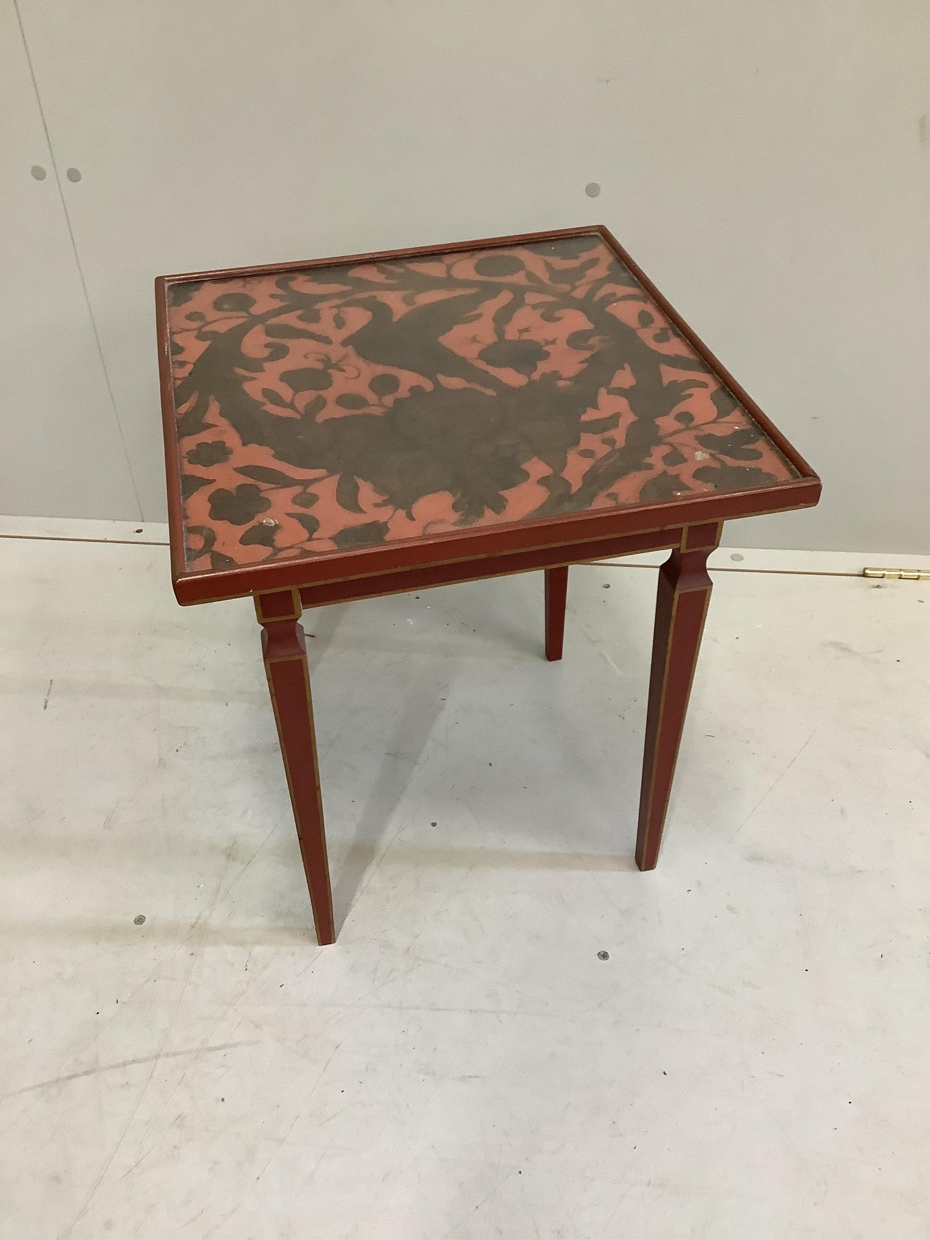 A painted square occasional table with embossed leather panelled top, width 42cm, height 48cm